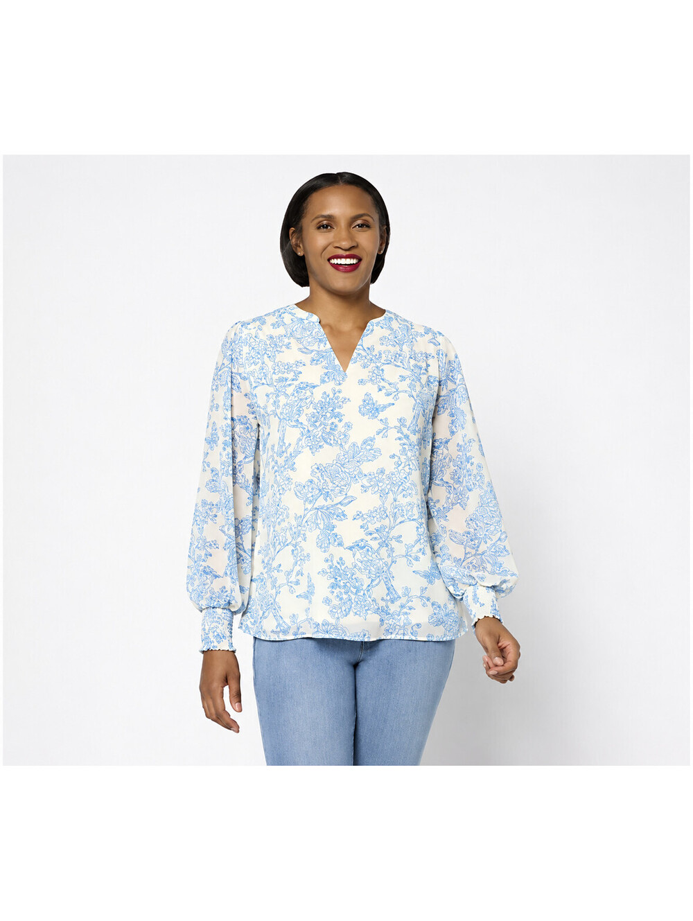 Belle by Kim Gravel Toile Smocked Trim Chiffon Blouse Cream/Blue, Size Large